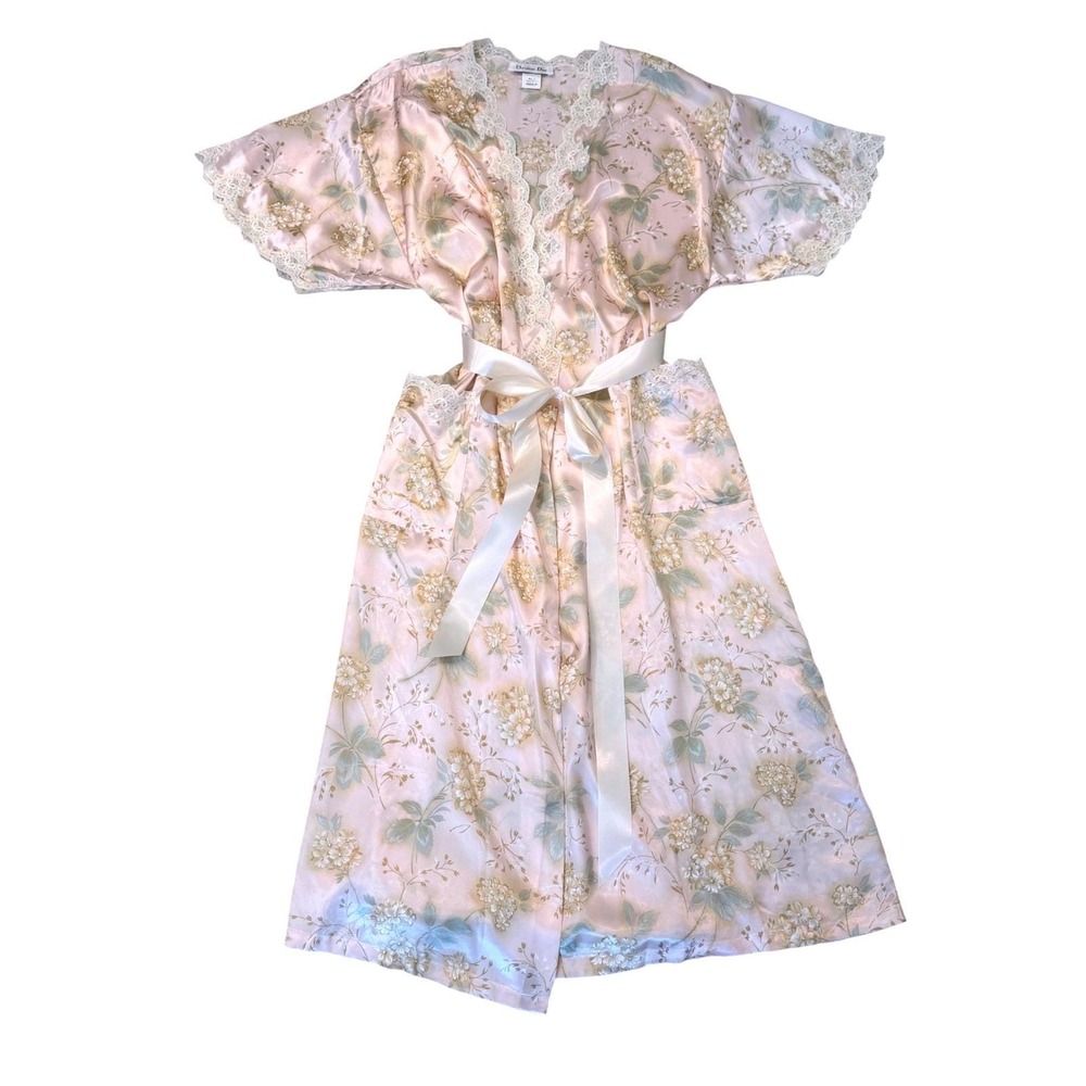 Christian Dior Vintage Peach Floral Satin Nightgown and Robe Set Lace Trim M 90s - Picture 10 of 12